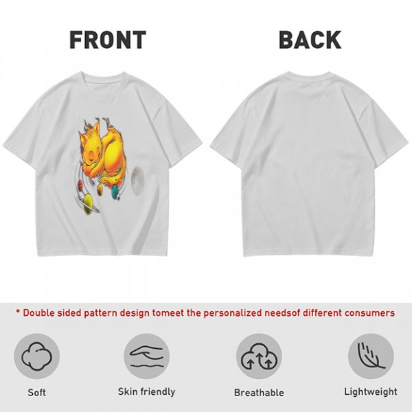 Olive T-Shirt With Sleeping Cosmic Cat And Planets Graphic