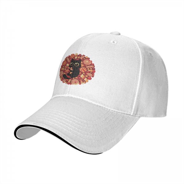 Black Baseball Cap with Cute Black Cat and Candy Print