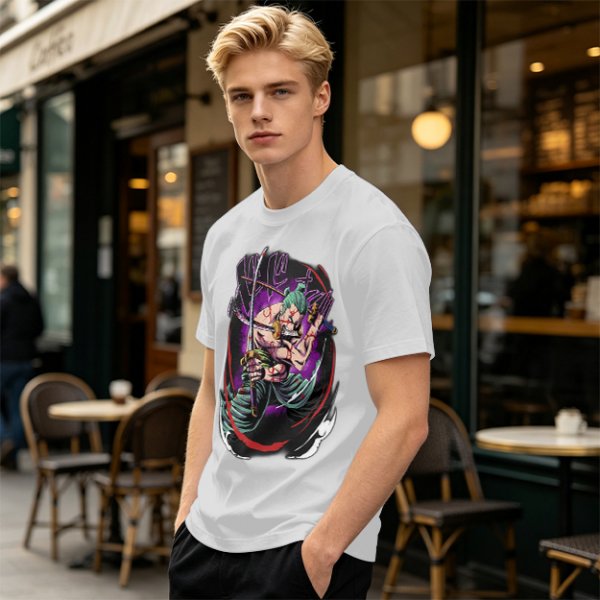 Olive T-shirt with One Piece Roronoa Zoro Three Sword Style Print