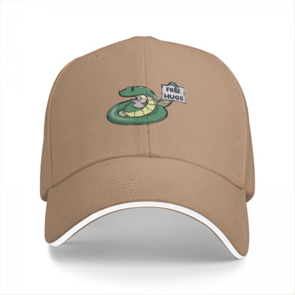 Black baseball cap with a snake holding a FREE HUGS sign and a mouse