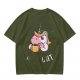 Oversized Olive T-Shirt With Sassy Unicorn Holding Coffee Print