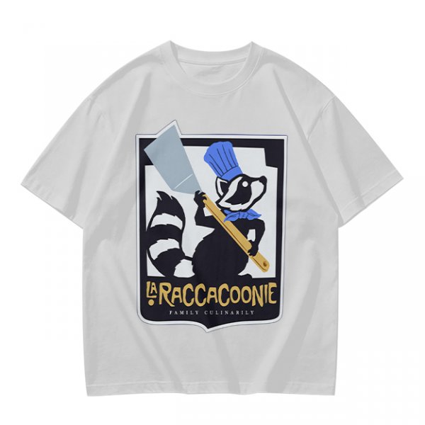 Olive green t-shirt with raccoon chef graphic and text