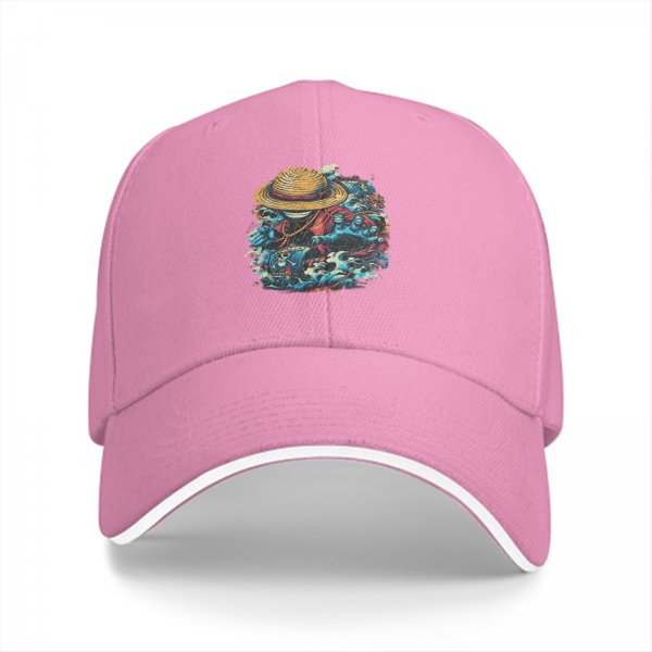 Black Baseball Cap with One Piece Straw Hat Pirate Graphic