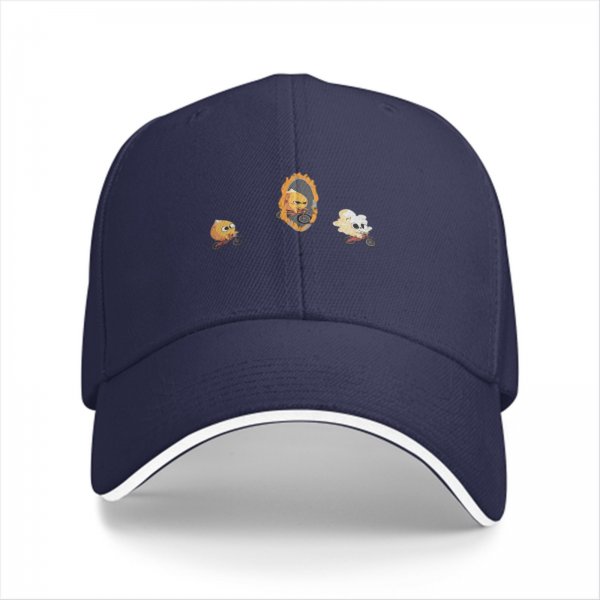 Black baseball cap with cartoon flame and character bike designs
