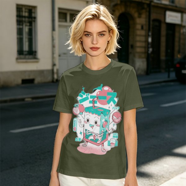 Olive t-shirt with a cartoon apple juice box skeleton graphic
