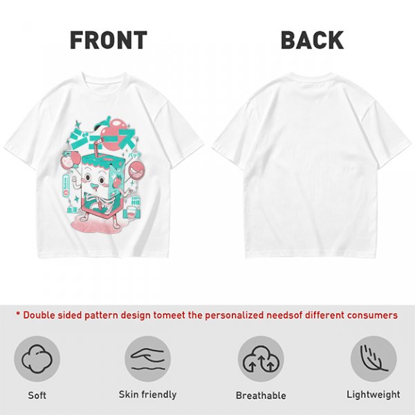 Olive t-shirt with a cartoon apple juice box skeleton graphic