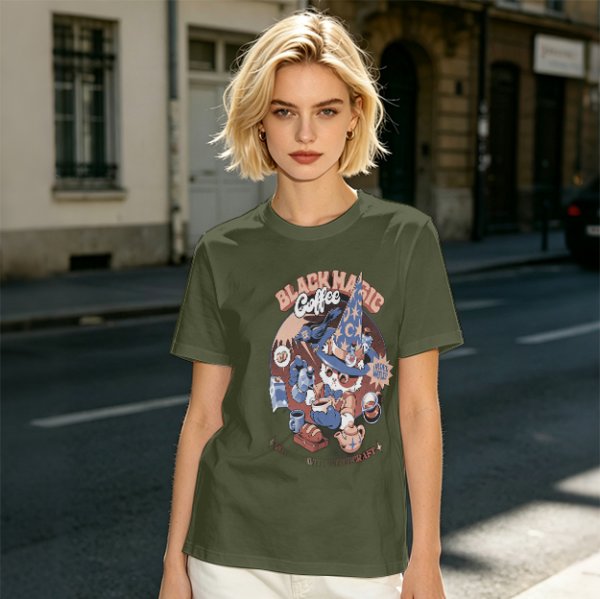 Olive T-Shirt with Black Magic Coffee Wizard Cat Graphic