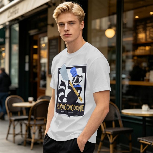 Olive green t-shirt with raccoon chef graphic and text