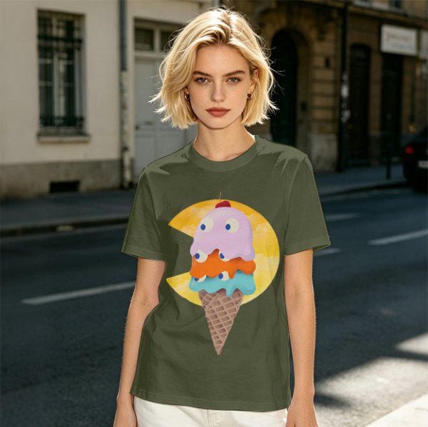 Olive T-Shirt With Melting Ice Cream Ghost Graphic Design