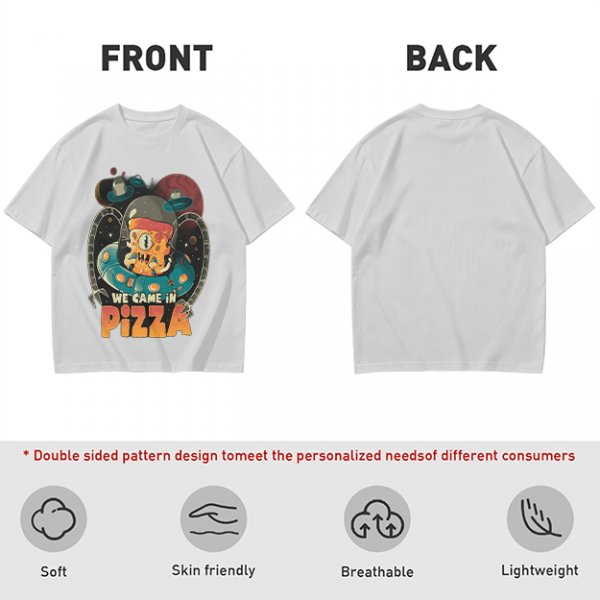 Olive t-shirt with space pizza alien graphic and 'We Came in Pizza' text