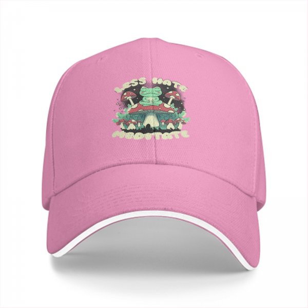 Black baseball cap with meditating frog and 'Less Hate Meditate' mushroom design
