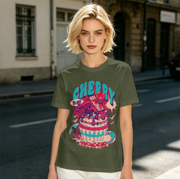 Olive T-shirt with Cherry Surf Cupcake Beach Graphic Print