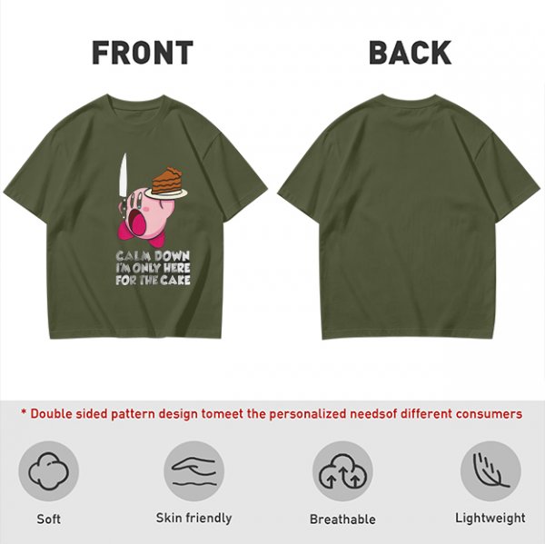 Olive t-shirt with Kirby holding knife and cake, text Calm Down I'm Only Here For The Cake