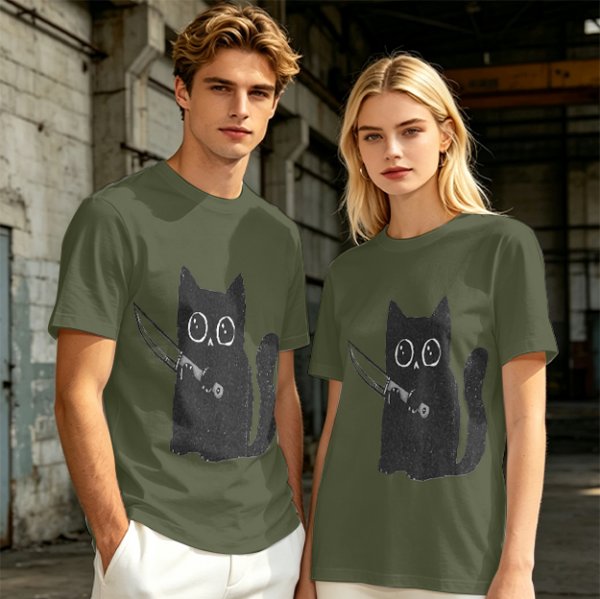 Olive T-Shirt With Cute Black Cat Holding Knife Graphic