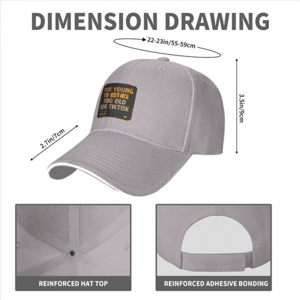Black baseball cap with 'Too Young To Retire Too Old For TikTok' print