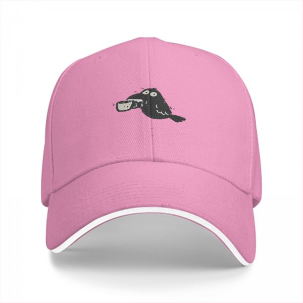 Black baseball cap with a cartoon crow holding a coffee cup