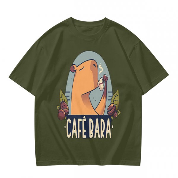 Olive t-shirt with capybara drinking coffee graphic