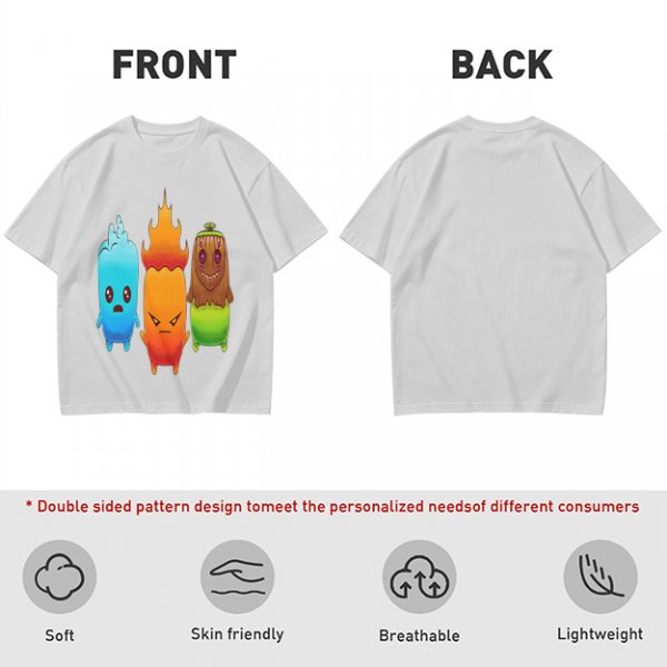 Olive T-Shirt With Cute Water Fire And Earth Elemental Characters