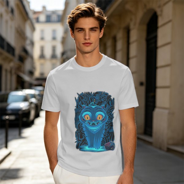 Olive T-shirt with Glowing Blue Cheshire Cat Graphic