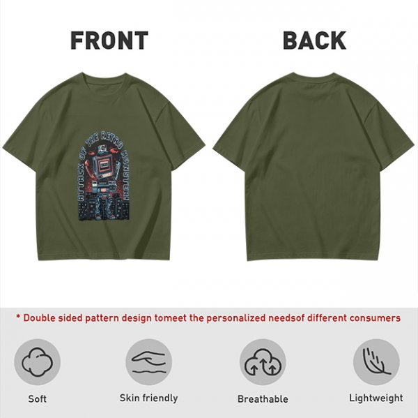 Olive green t-shirt with retro robot monster city attack graphic