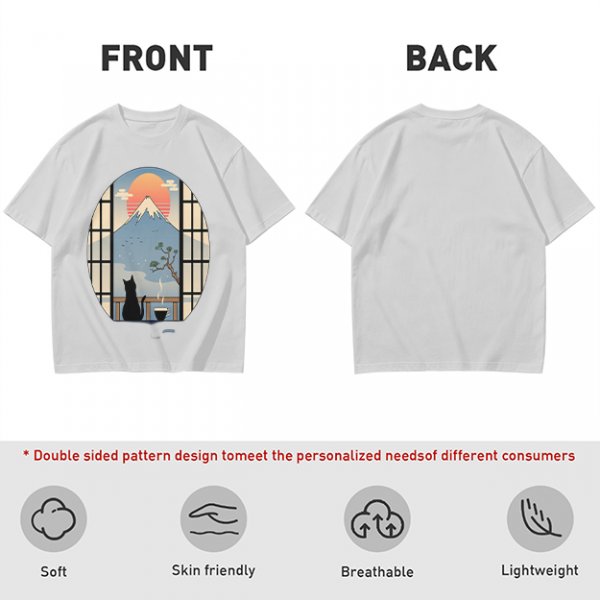 Olive T-shirt with Black Cat Viewing Mount Fuji Sunrise Art