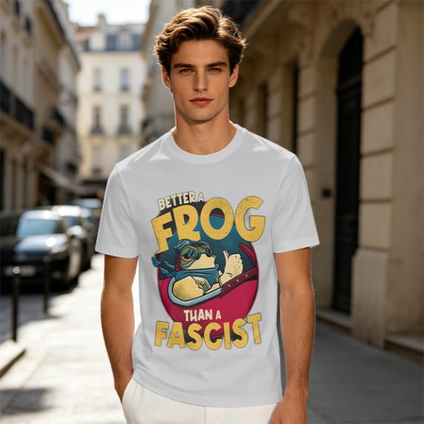 Olive graphic t-shirt with 'Better a Frog Than a Fascist' pilot frog design