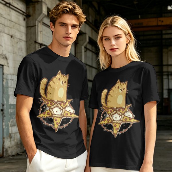 Olive T-Shirt With Cat Sitting On Pizza Pentagram Artwork