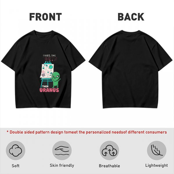 Olive green graphic tee with alien painting 'First the Earth Then Uranus'