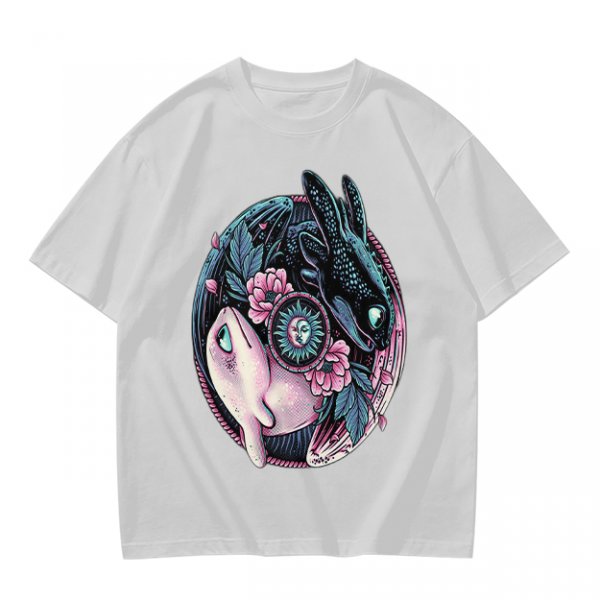 Olive T-Shirt with Yin Yang Dragon Floral Sun Moon Art