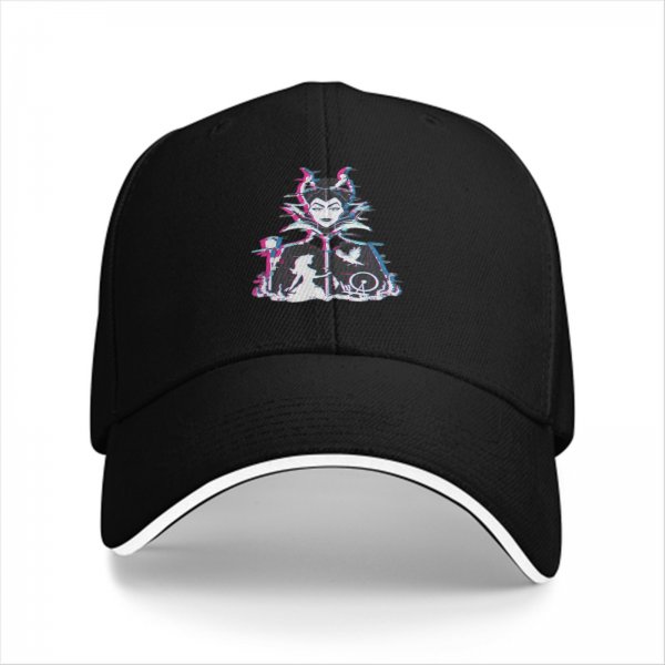 Black baseball cap with glitch-style Maleficent graphic print