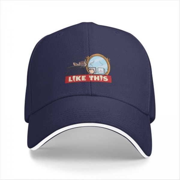 Black baseball cap with mirror and coffee graphic that says LIKE THIS