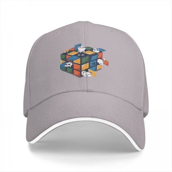 Black baseball cap with playful cats in a Rubik's cube graphic