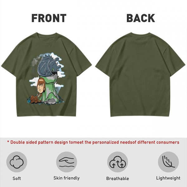 Olive T-Shirt Featuring Hiccup and Toothless from How to Train Your Dragon