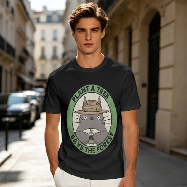 Olive green Totoro graphic t-shirt with plant a tree save the forest slogan