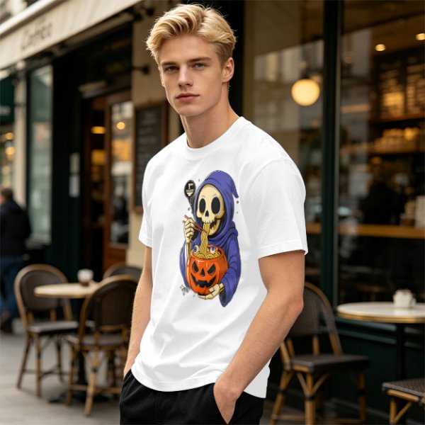 Grim Reaper Eating Ramen from Jack-o'-lantern Pumpkin Bowl T-Shirt