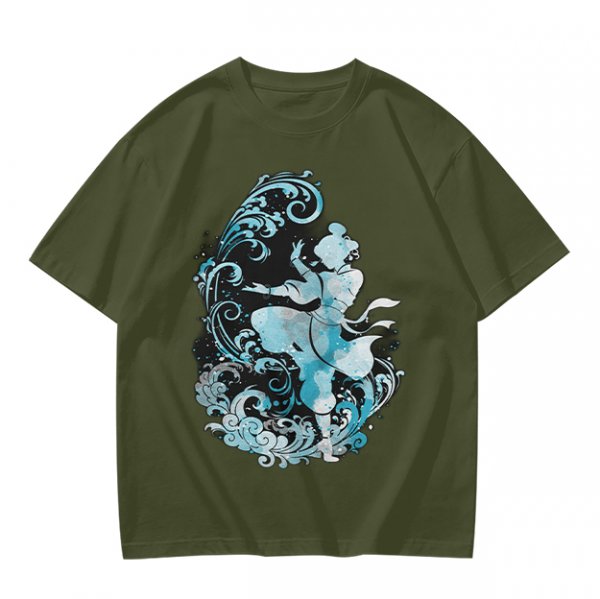 Olive T-shirt with Waterbender Character and Wave Art Print