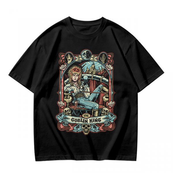Olive green t-shirt featuring The Goblin King tarot-style artwork