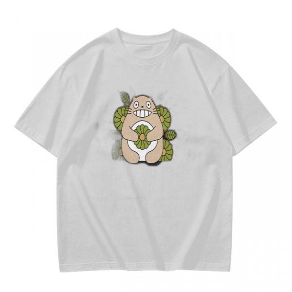 Olive Green T-Shirt With Cute Totoro And Leaf Print