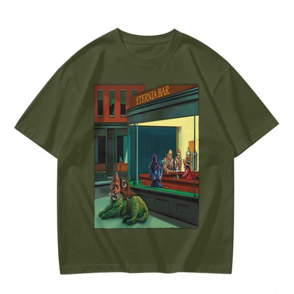 Olive T-Shirt With Surreal Bar Scene Graphic Print