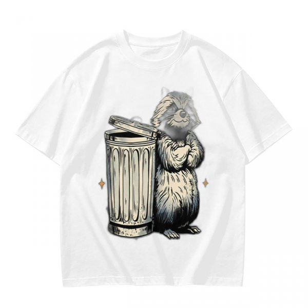 Olive Green T-Shirt With Raccoon Standing Next To Trash Can Graphic
