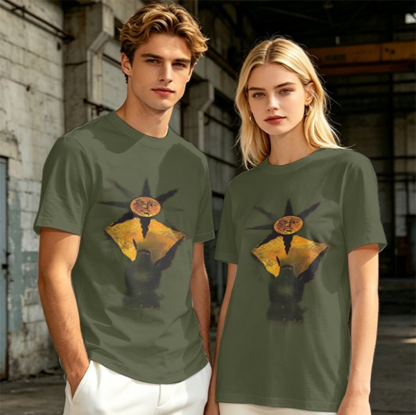 Olive Green T-Shirt With Sun And Dark Figure Graphic Print