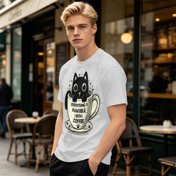Olive T-Shirt With Black Cat In Coffee Cup 'Everything Is Pawsible With Coffee' Print