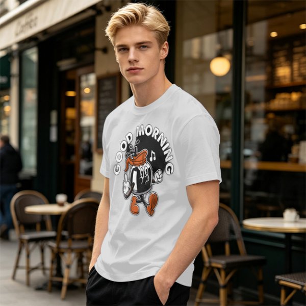 Olive t-shirt with retro coffee pot cartoon and Good Morning text