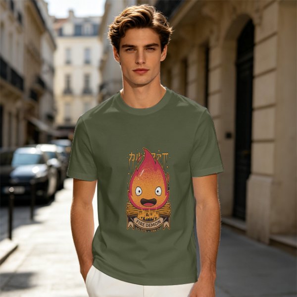 Olive t-shirt with Calcifer Fire Demon graphic print