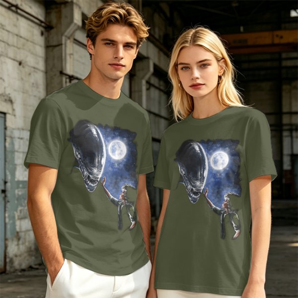 Olive Green Alien Moon Reaching Graphic T-Shirt