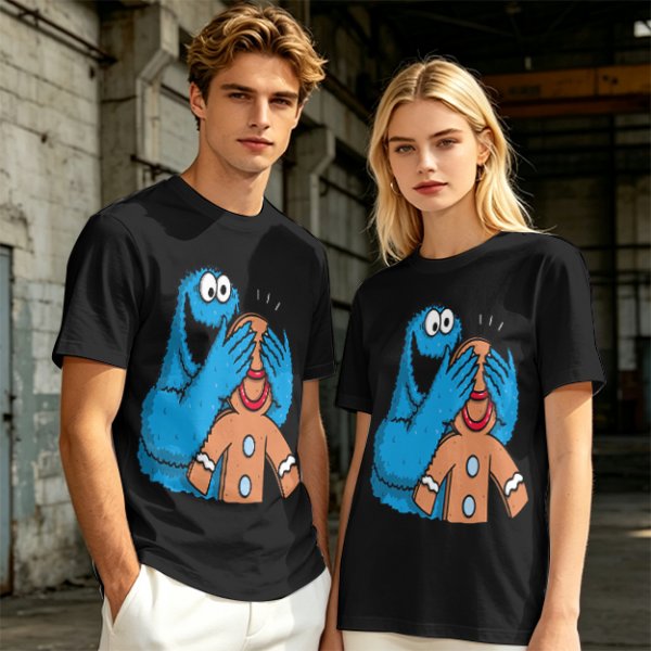 Olive T-shirt with Cookie Monster covering gingerbread man’s eyes