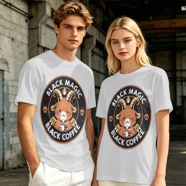 Olive t-shirt with black magic black coffee goat graphic print