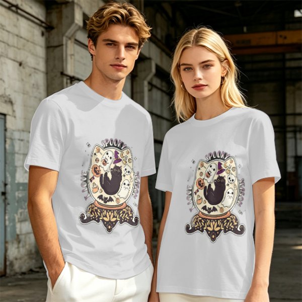 I Love Spooky Season Halloween Cat Ghost Graphic T-Shirt