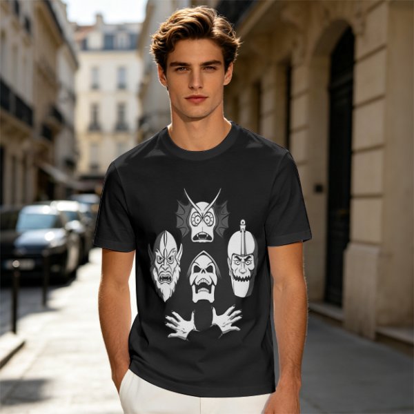 Olive T-shirt with Four Dark Fantasy Villain Heads Graphic Print
