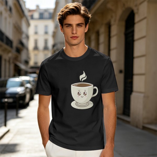 Olive Green T-Shirt With Cute Smiling Steaming Coffee Cup Print